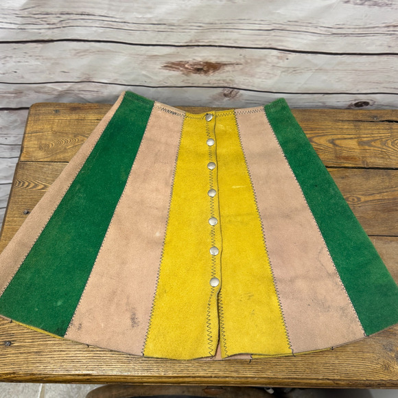 Vintage Suede Skirt Hippy Mod Scooter GoGo Leather 70s Micro Mini Patchwork XS 0 - Picture 1 of 11